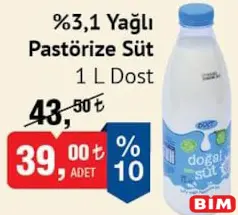 DOST %3,1 YAĞLI PASTÖRİZE SÜT 1 L fiyat ve kampanya bilgisi